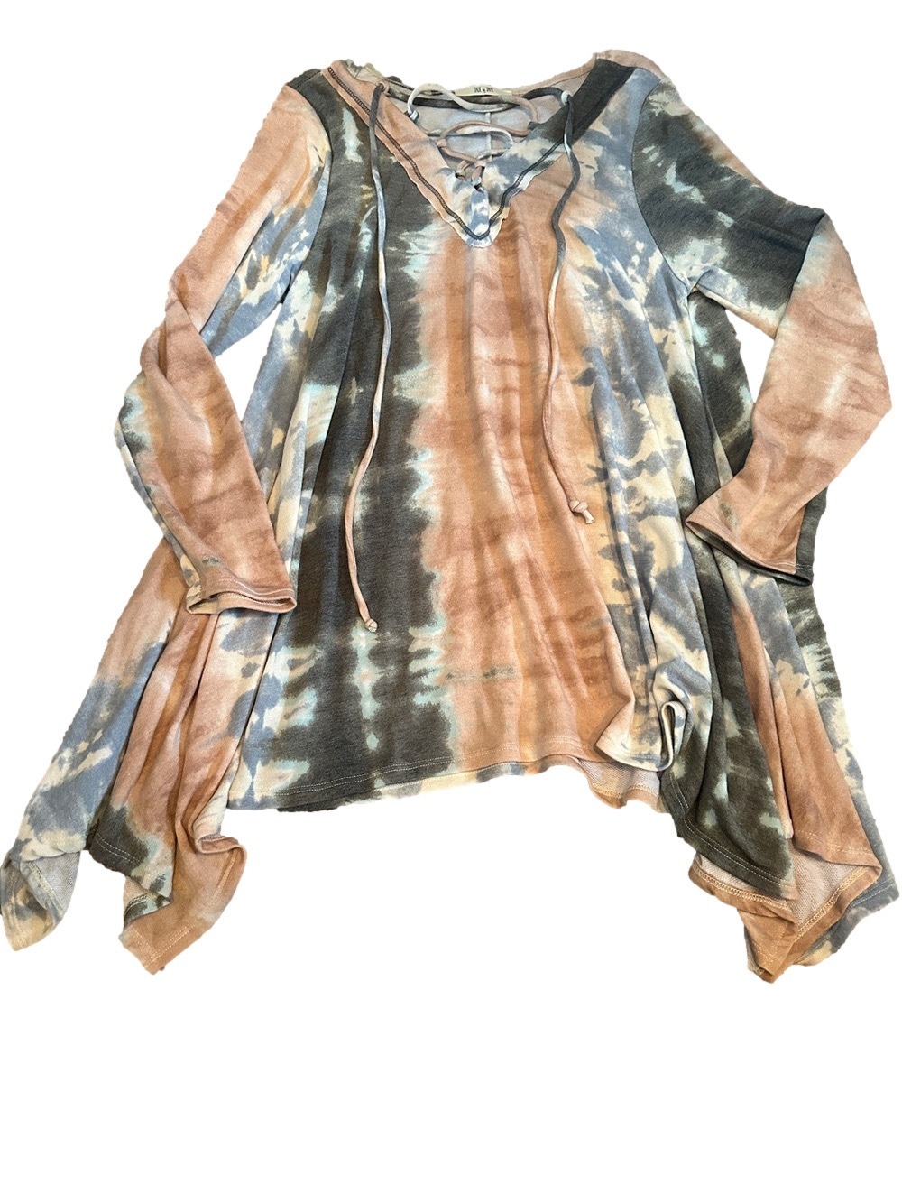 Small Jade by Jane Tie-Dye Lace-Up V-Neck Dress/ Cover-up, Tunic- Peach/Gray